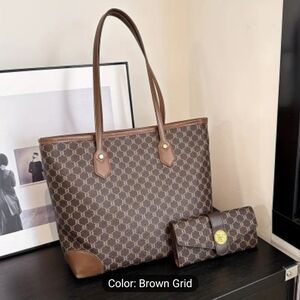 Elegant Brown Grid Tote Bag and Wallet Set